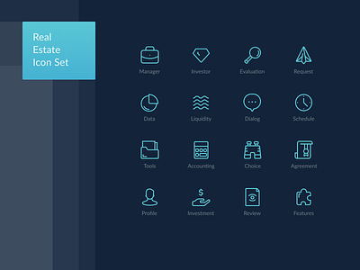 Icon set for real estate management site agreement choice dark data green icon invest investor liquidity manager money outline profile request review set