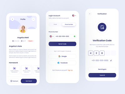 Language Course App / Profile, Login and Verification Pages code course course app document download english homework language language app language learning login login page mobile app note profile design profile page verification verification code verified