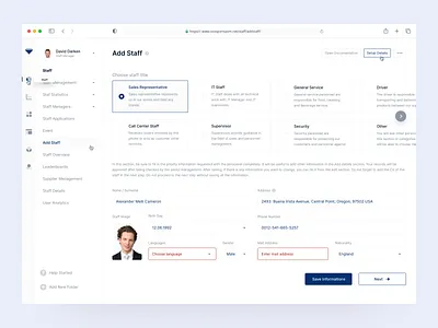 Dashboard / Add Staff Page add add new choose cv cv design dashboard dashboard design dashboard ui employee information member personal personnel profile recruiting side menu staff staffing title work