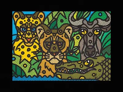 African Wildlife - Lioness, Leopard, Wildebeest, Nile Crocodile africa african animals animals art print contemporary crocodile fauna illustration jungle leaves leopard line art lioness modern nature safari wild wildebeest wildlife zoo