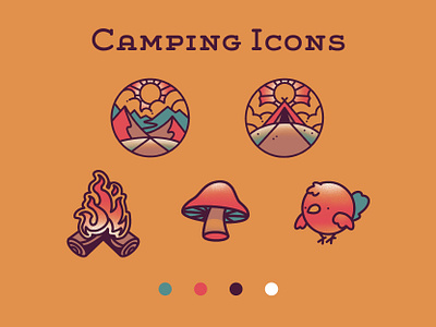 Campin' Good Times bird campfire camping icons illustration mushroom tent vector