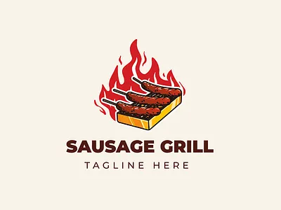 Sausage Grill barbecue barbeque bbq eat fire food grill hot illustration logo menu party red roast sausage skewer snack vector