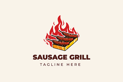 Sausage Grill barbecue barbeque bbq eat fire food grill hot illustration logo menu party red roast sausage skewer snack vector