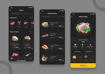 Meat Ordering and Meat Recipe App app design beef butcher chicken dark ui delivery app fishes food app food delivery app food delivery service illustration meat meat delivery app meat shop meat store meats restaurant app seafood ui uidesign