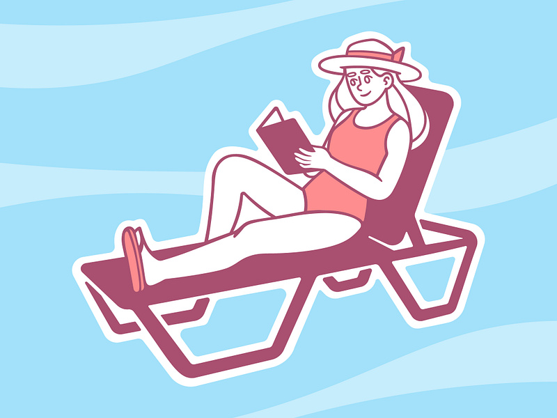 Girl on a Sun Lounger blue book girl hat illustrations illustrator pink procreate speedpaint summer sunbed sunset vector