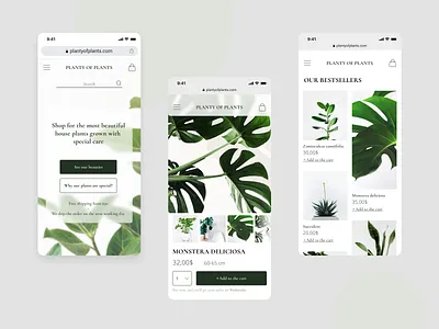 House plants :: online store :: mobile version design ecommerce ecommerce shop figma green homepage house plants layout mobile mobile design online shop online store plants product list product page ui web design webdesign website white