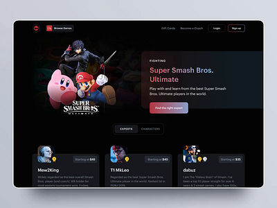 Game Page 2.0 achievements animation coaching esports experts game metafy super smash bros ui ux