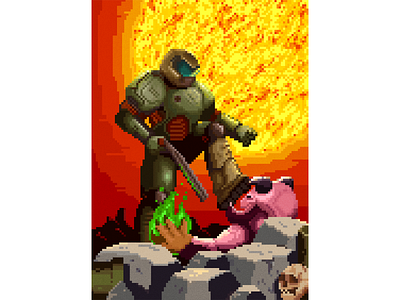 DOOM demon fire flame fps games hell illustration pixel art pixelart shotgun space marine