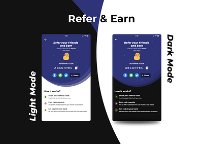 Refer and Earn adobe xd app app design black blue dark ui design earn light minimal refer trend trending ui uiux ux xd