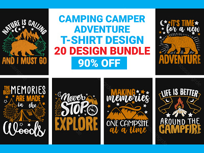 Camping Camper Adventure T-Shirt Bundle adventure adventure t shirt camper camper t shirt campfire camping bundle camping illustration camping t shirt t shirt t shirt design t shirts typography ui ux vector