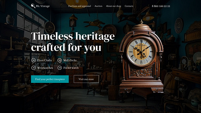 The vintage watch store antiqueclocks darkui designinspiration eleganttypography interfacedesign landingpage luxurydesign ui uiux vintagedesign webdesign