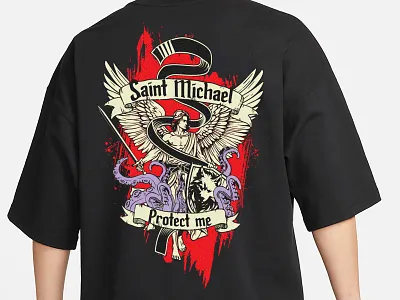 Saint Michael 4colors angel belt bjj black belt illustration ink jiu jitsu octopus protect saint michael shield sword tshirt vector wolf