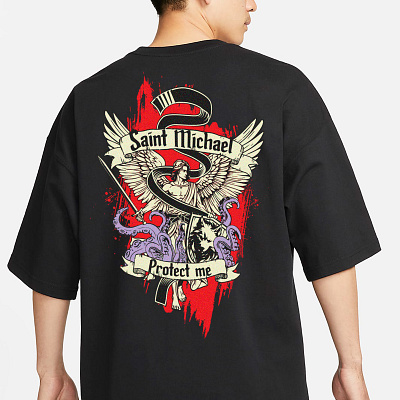 Saint Michael 4colors angel belt bjj black belt illustration ink jiu jitsu octopus protect saint michael shield sword tshirt vector wolf