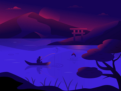 Landscape for sushi packaging fishing illustation inspire japan lake landscape nature night sushi vector