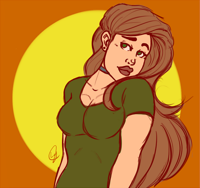 Sunrise anime art artist arts artsy artwork beauty cartoon character cute design green illustration illustrator longhair orange portrait sketch woman yellow
