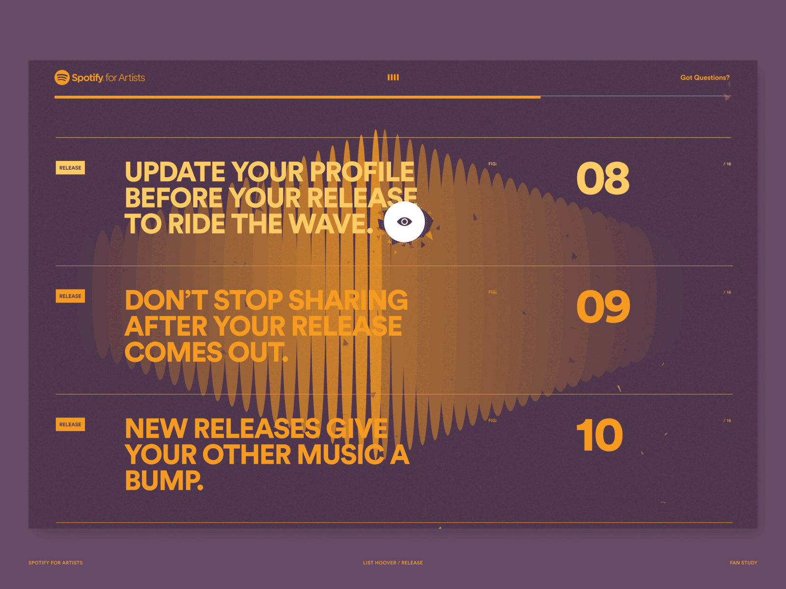Spotify "Fan Study" Listview Hoover state animation hoover illustration listview logo motion music spotify
