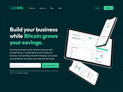 Coinbits® Build your business while Bitcoin grows your savings. bank bitcoin branding crypto design homepage landing page money web