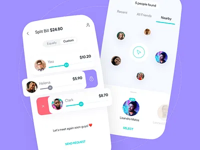 Split Bill app bill card cards chat color components elements fintech glassmorphism interface material mobile money payment purple shopping social ui ux
