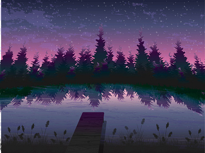 nocturnal nature design forest illustration lake night stars vector природа