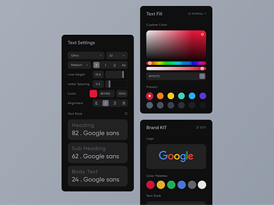 Editor Panel design | Dark Version brand kit builder card cards ui color palette colors component dashboad designsystem edit figma minimal mufidul popup product design trending uidesign uxdesign websitedesign