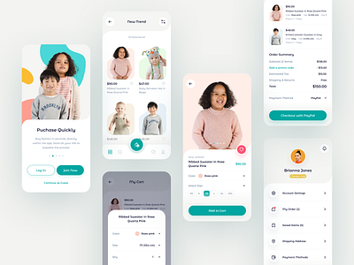 Children's Boutique App app apparel cart clean clothing design design app ecommerce fashion kids online store outfit pastel color shop store typography ui ux web app