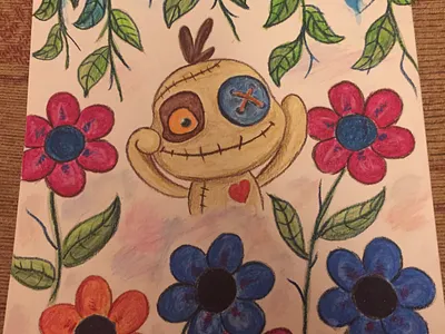 Kawaii Voodoo art cartoon character flowers inktense painting watercolour
