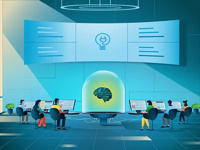 Synergy of Mind animation brain characters female characters gradient illustration male characters mind team work texture vector illustration working together