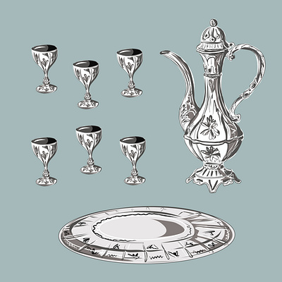 A set of cognac, wine, liqueur. Jug, glasses, tray. Kitchenware. collection concept decorative design illustration vector