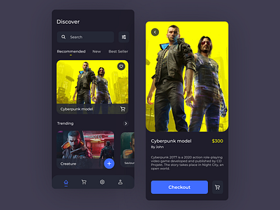 Game Model Store UI Design Concept | Rish Designs 3d 3d illustration best ui 2021 cyberpunk 2077 dailyui dark mode dark user interface design ecommerce ui design figma game model game ui design rish rish designs shop ui ui ui design ui trends ux ux design xd