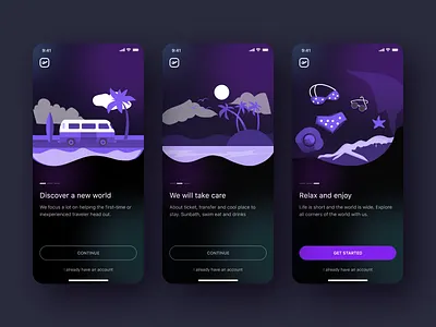 Travel App Onboarding Screens adobexd app design booking gonboarding graphic design illustration onboarding onboarding ui tourism travel app traveling ux vacation