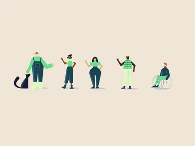 Lition character development advertising character development diversity dog farmer geometric green energy illustration organic simple startup style vector wheelchair woman