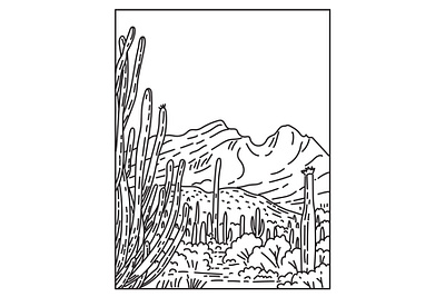 Organ Pipe Cactus National Monument Sonoran Desert Mono Line Art scenery