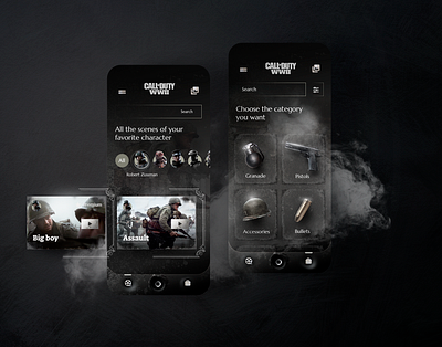 Call of Duty WWII App Concept callofduty film game helmet illustration mobile neumorphic scene texture uidesign weapons