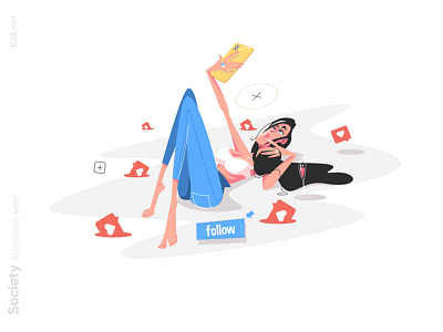 Woman taking selfie for social network illustration beautiful character flat girl illustration insta instagram kit8 laying likes network phone selfie social media vector