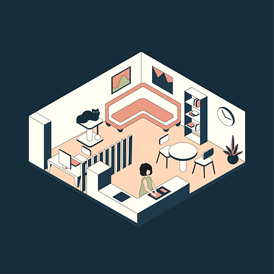 Kitchen art cat character dark home office illustration isometric isometry kitchen partition pat plants room vector wash up workflow