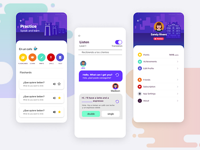Language App app branding card design flashcards illustration languages learning milestone onboarding profile star streak study top bar ui