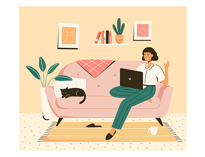 Cozy freelance characterdesign chat computer conference cozy designer flat freelancer girl home illustration interior laptop room sitting sofa vector vectorart work