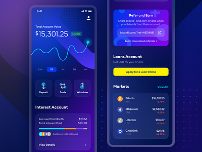 BlockFi App Redesign app design app redesign banking banking app blue crypto cryptocurrency finance finance app financial app fintech gradient graph line graph mobile app mobile app design ui ux