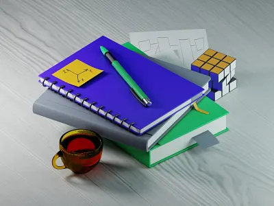 3d education 3d blender books cycles education glass graphic design illustration isometric isometric illustration nodes pen tea textures wood work