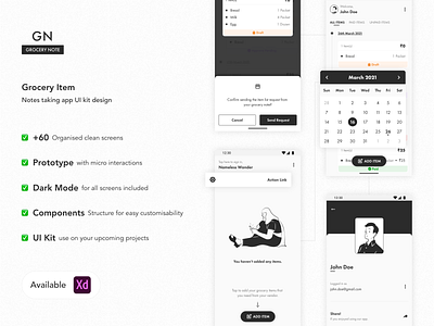 Grocery Note 📝 - Free UI Kit adobe xd app app design branding button card design card list clean ui design free ui free ui kit freebie history timeline layout design list design logo minimal typography ui design ui kit