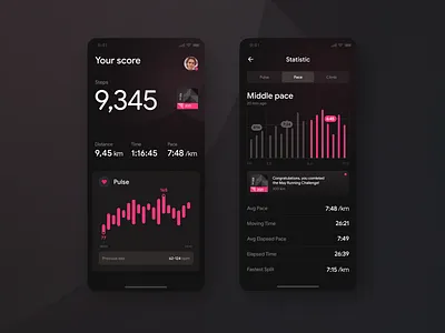 Fitness & Workout App activity app cards fitness gym health app healthcare interface mobile app mobile ui pace personal trainer pulse running sports stats ui workout