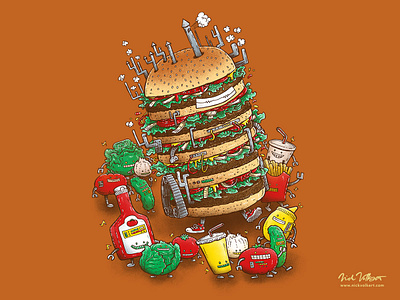 Uber BurgerBot burger cheeseburger grilling hamburger illustration ketchup pen and ink summer summertime