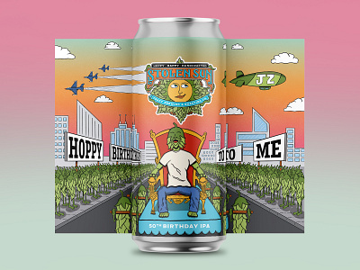 Hoppy Birthday To Me IPA beer art beer can beer label birthday cartoon city hand drawn hand type hops illustration