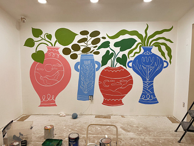 Chop Shop Mural hand drawn illustration mural plant pots plants pots vases