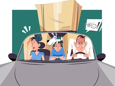 Angry Trip anger angry boxes car family illustration kid moving trip vector wife