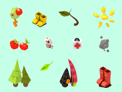 Hiking Icon Set 3d c4d cinema 4d cute design game game art graphic design hike hiking icon icon set illustration isometric low poly mushroom nature plant render