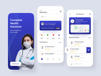 Doctor app exploration 👨‍⚕️ blue card celan consultation design doctor doctors health homescreen maps medical mobile mobile app mobile design mobile ui splashscreen ui ui design