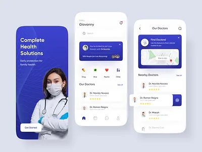 Doctor app exploration 👨‍⚕️ blue card celan consultation design doctor doctors health homescreen maps medical mobile mobile app mobile design mobile ui splashscreen ui ui design