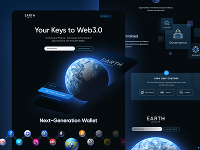 Earth Wallet Landing bank blockchain brand branding btc coins crypto design earth globe illustration landing logo ui unfold wallet web website