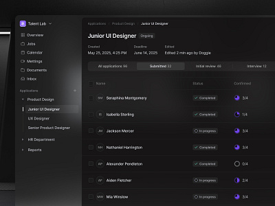 Talent Lab {dark mode} app application breadcrumbs dark mode design elements glass list modern navbar navigation product design sidebar table tables tabs ui ui design ux